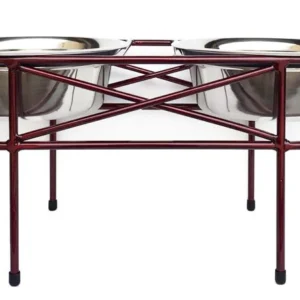 A red metal stand with two stainless steel bowls.