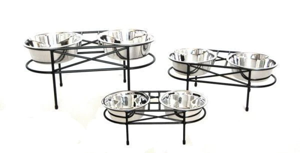 A set of three elevated dog bowls on stands.
