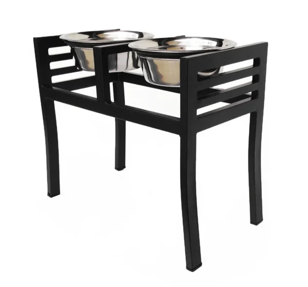 A black stand with two stainless steel bowls.