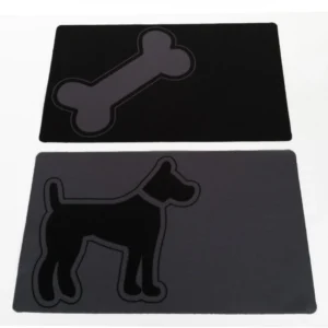 A black placemat with a dog and bone on it.