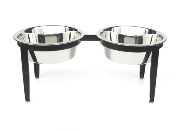 A double bowl elevated dog feeder with two bowls.