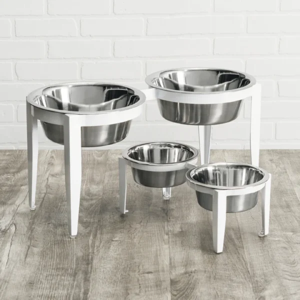 A group of four elevated dog bowls on top of each other.