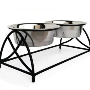 A metal stand with two stainless steel bowls.